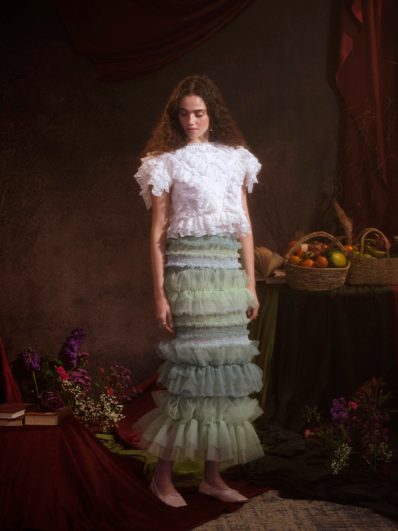 Multi-Tiered Mint Green Ruffled Tulle Skirt