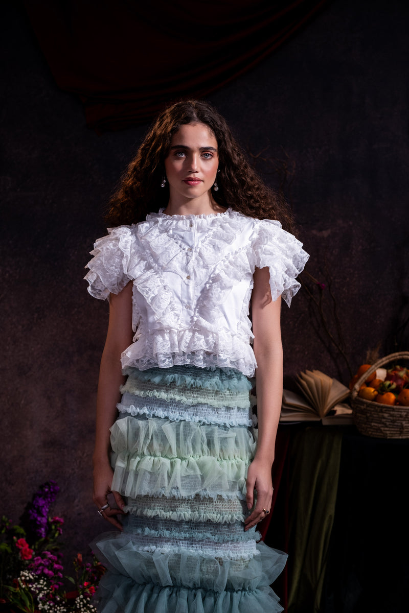 Victorian-Inspired White Ruffled Lace Top