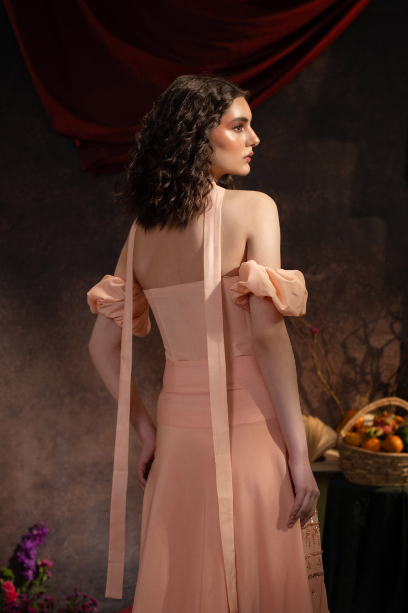 Blush Pink Off-Shoulder Crepe Corset Top with Styled Dupatta Blush Pink Off-Shoulder Crepe Corset Top with Styled Dupatta