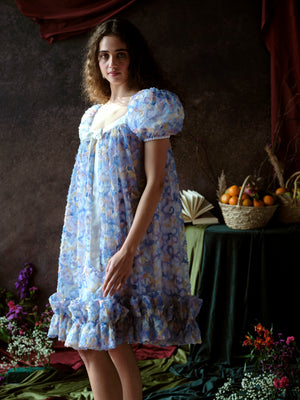 Floral Puff-Sleeve Dress with Ruffled Hem and Satin Ribbon