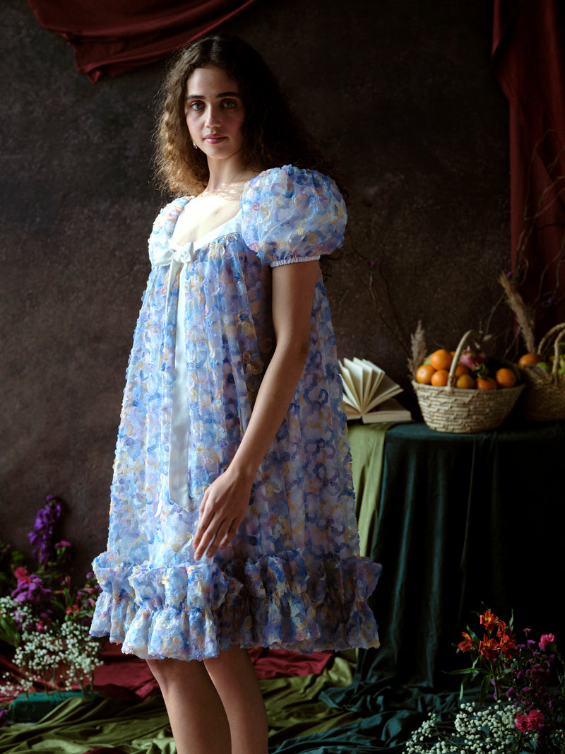 Floral Puff-Sleeve Dress with Ruffled Hem and Satin Ribbon