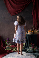 Floral Puff-Sleeve Dress with Ruffled Hem and Satin Ribbon