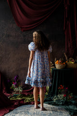 Floral Puff-Sleeve Dress with Ruffled Hem and Satin Ribbon