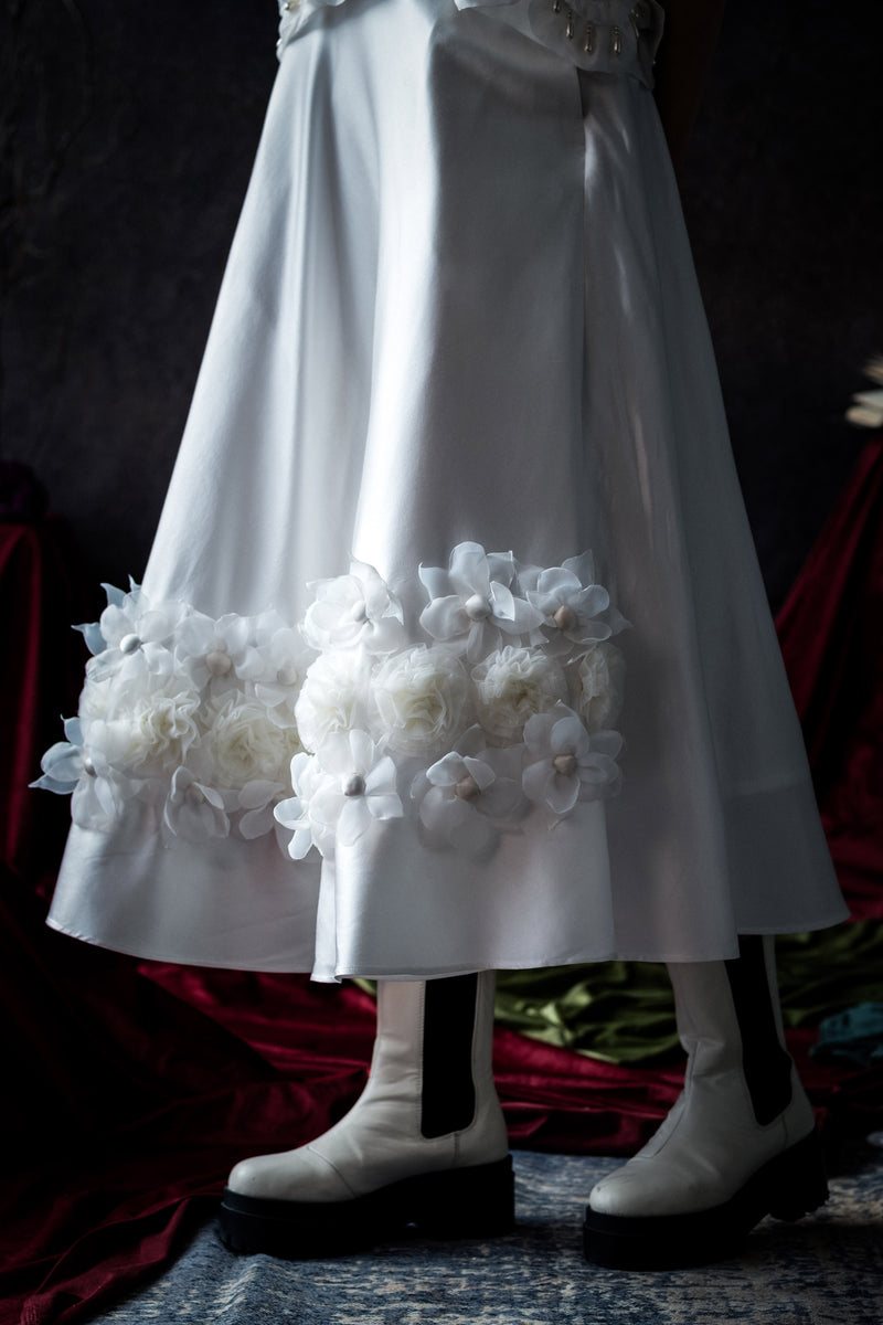 Satin Skirt with 3D Handmade Floral Appliqués