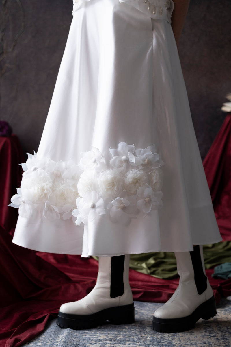 Satin Skirt with 3D Handmade Floral Appliqués