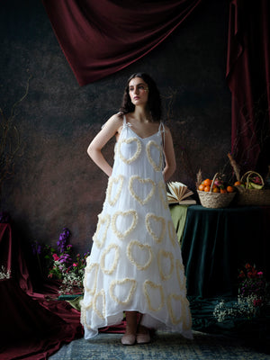 White Maxi Dress with Beige Lace Hearts