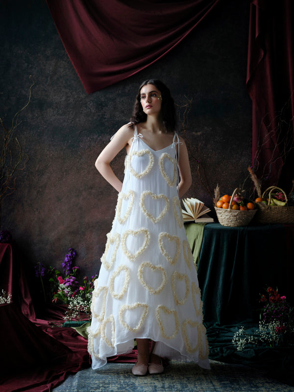 White Maxi Dress with Beige Lace Hearts