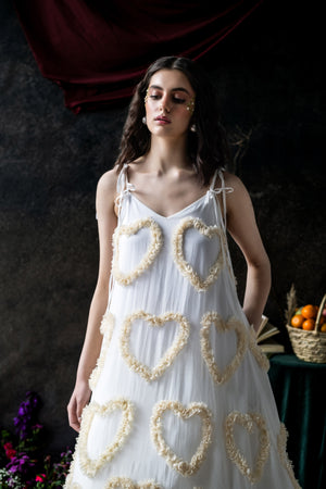 White Maxi Dress with Beige Lace Hearts