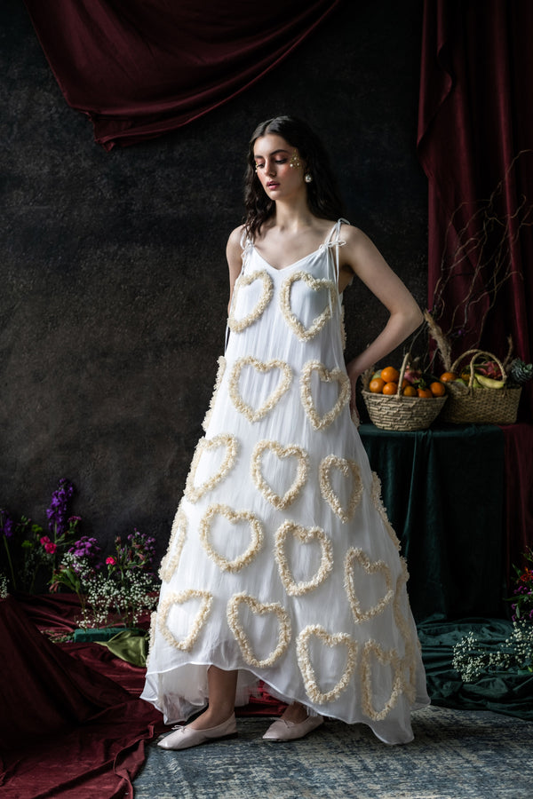 White Maxi Dress with Beige Lace Hearts