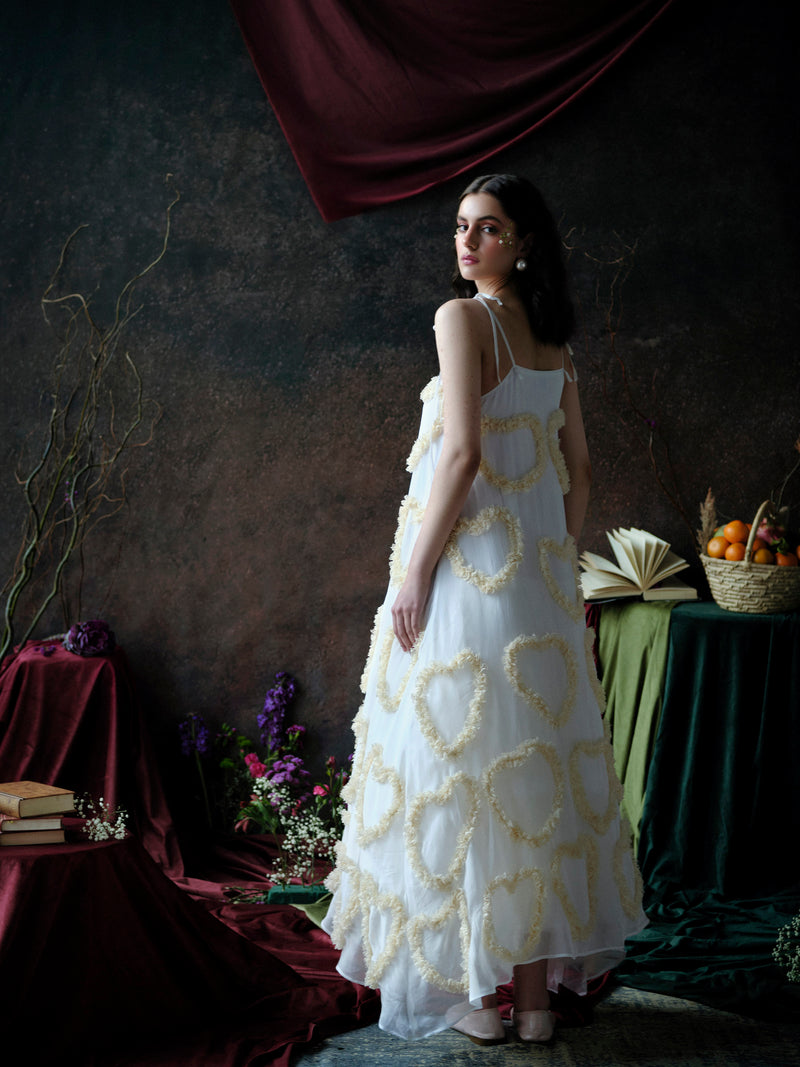 White Maxi Dress with Beige Lace Hearts