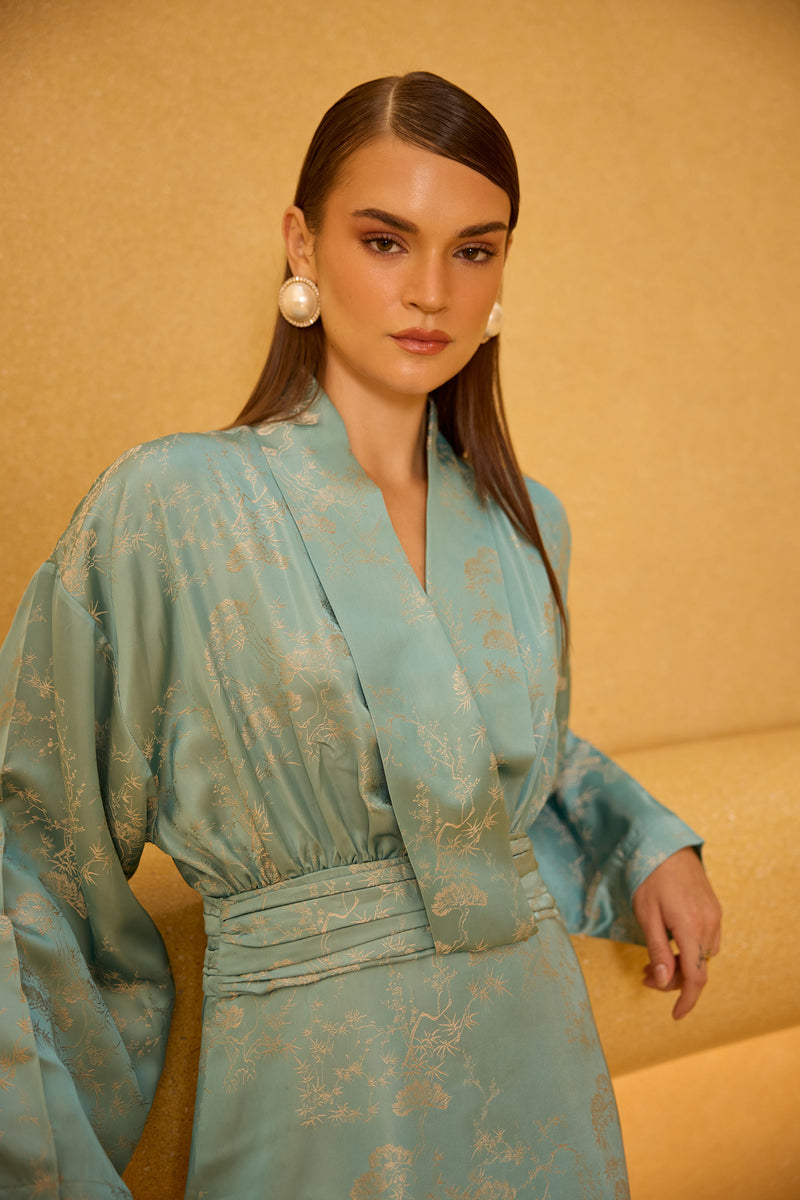 Teal Jacquard Wrap Mini Dress