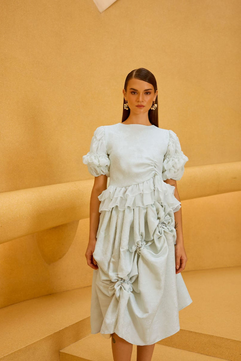 Pastel Green Jacquard Puff Sleeve Top & Smocked Skirt Set