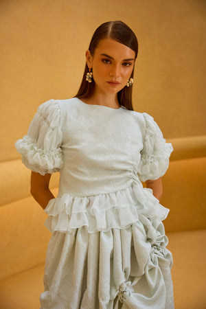 Pastel Green Jacquard Puff Sleeve Top & Smocked Skirt Set