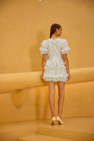 Pastel Green Jacquard Puff Sleeve Top & Layered Ruffle Skirt Set