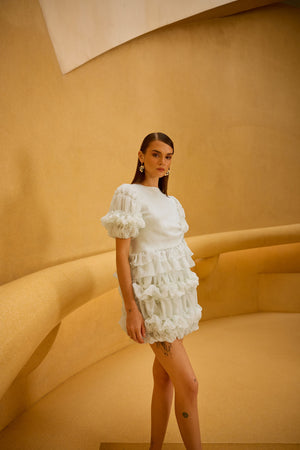 Pastel Green Jacquard Puff Sleeve Top & Layered Ruffle Skirt Set
