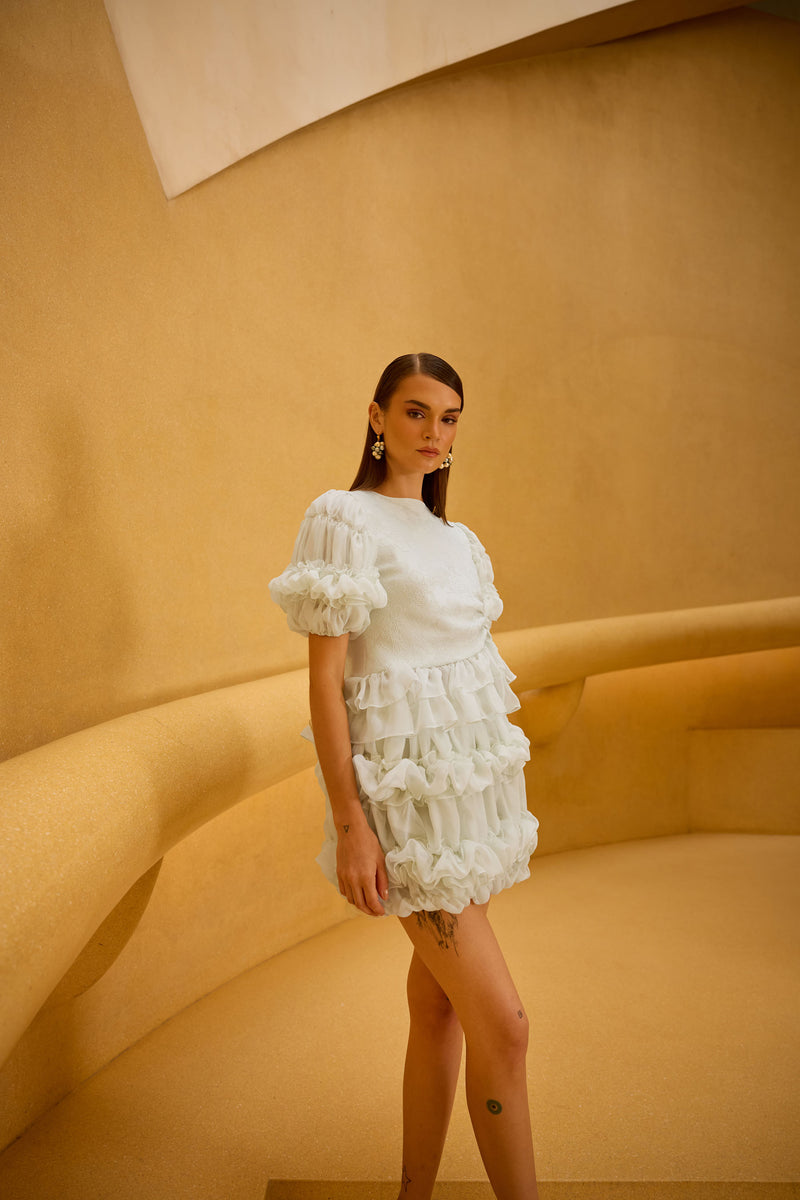 Pastel Green Jacquard Puff Sleeve Top & Layered Ruffle Skirt Set