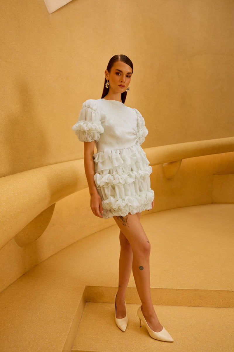 Pastel Green Jacquard Puff Sleeve Top & Layered Ruffle Skirt Set