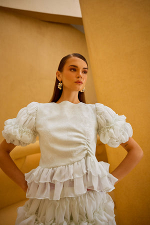 Pastel Green Jacquard Puff Sleeve Top & Layered Ruffle Skirt Set