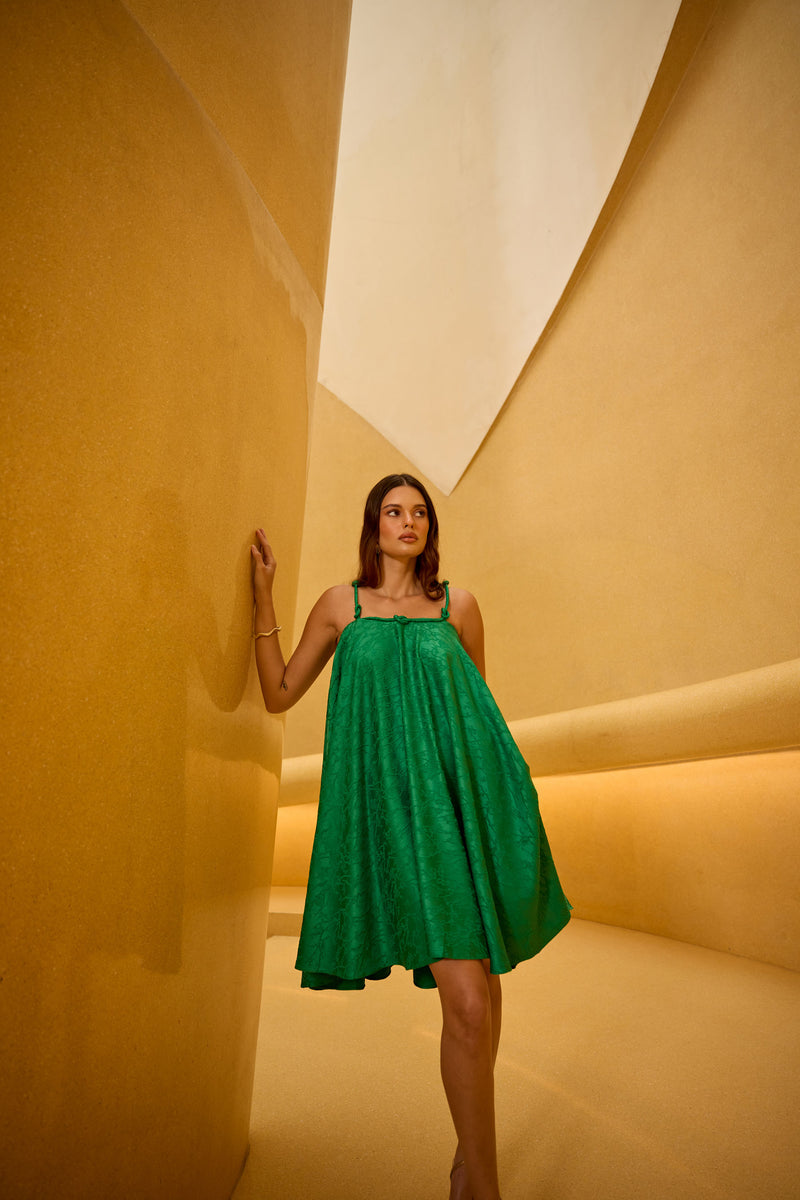Emerald Green Jacquard Knot Strap Dress