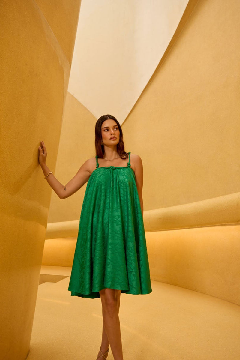 Emerald Green Jacquard Knot Strap Dress