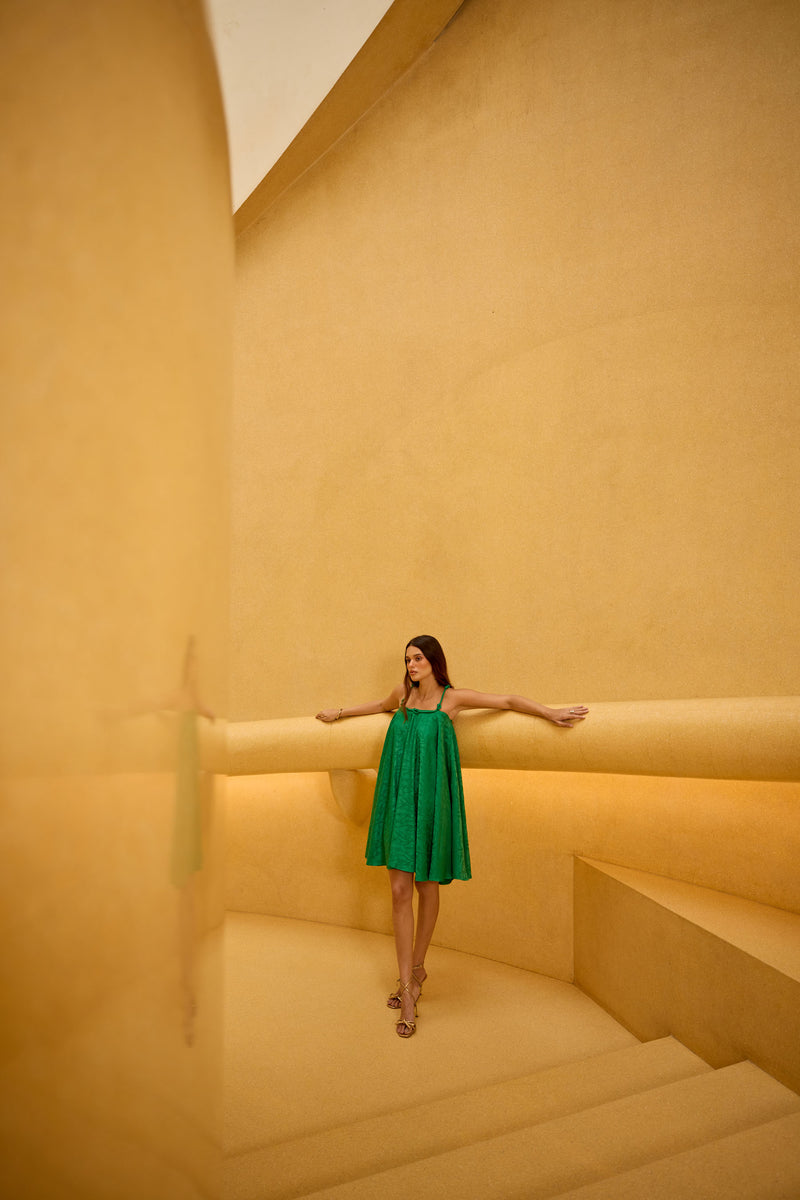 Emerald Green Jacquard Knot Strap Dress