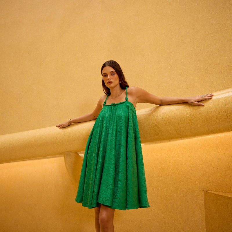 Emerald Green Jacquard Knot Strap Dress