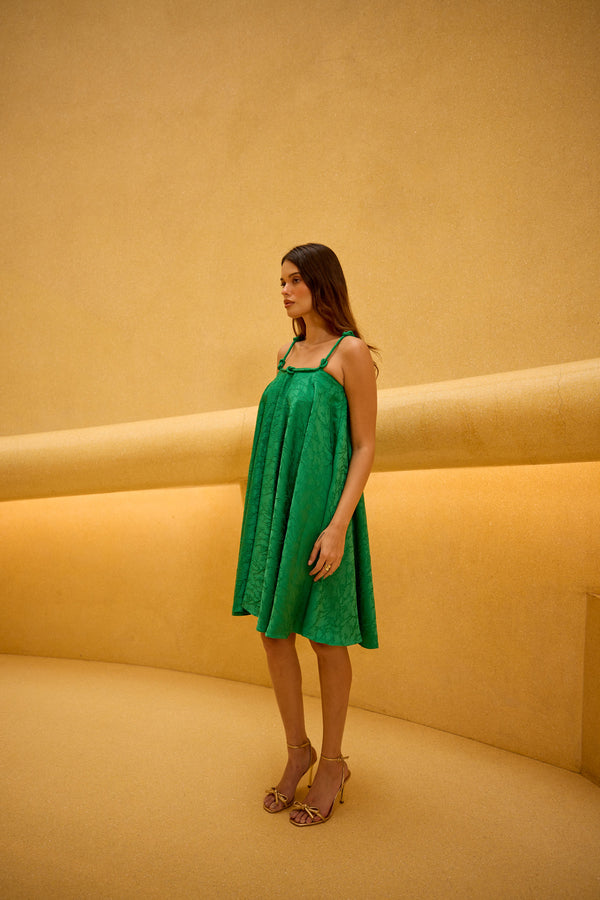 Emerald Green Jacquard Knot Strap Dress