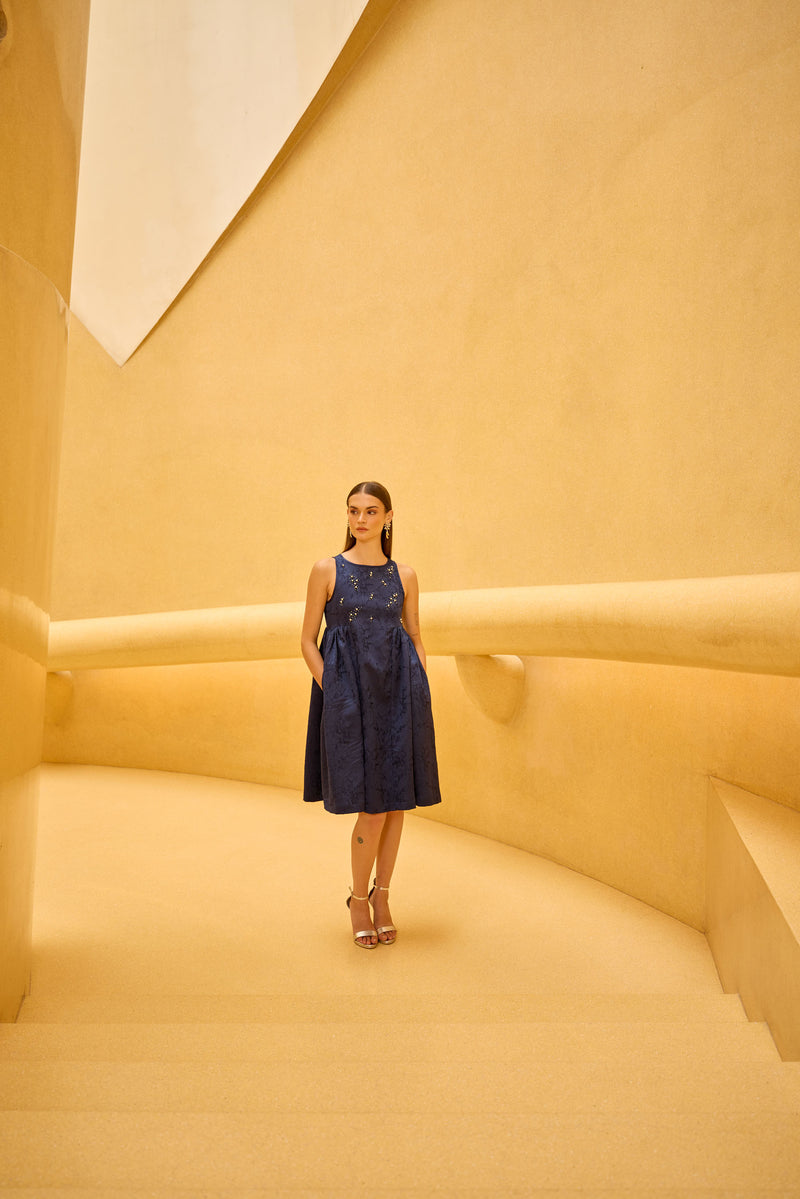 Navy blue Jacquard Midi Dress with Embellished Bodice
