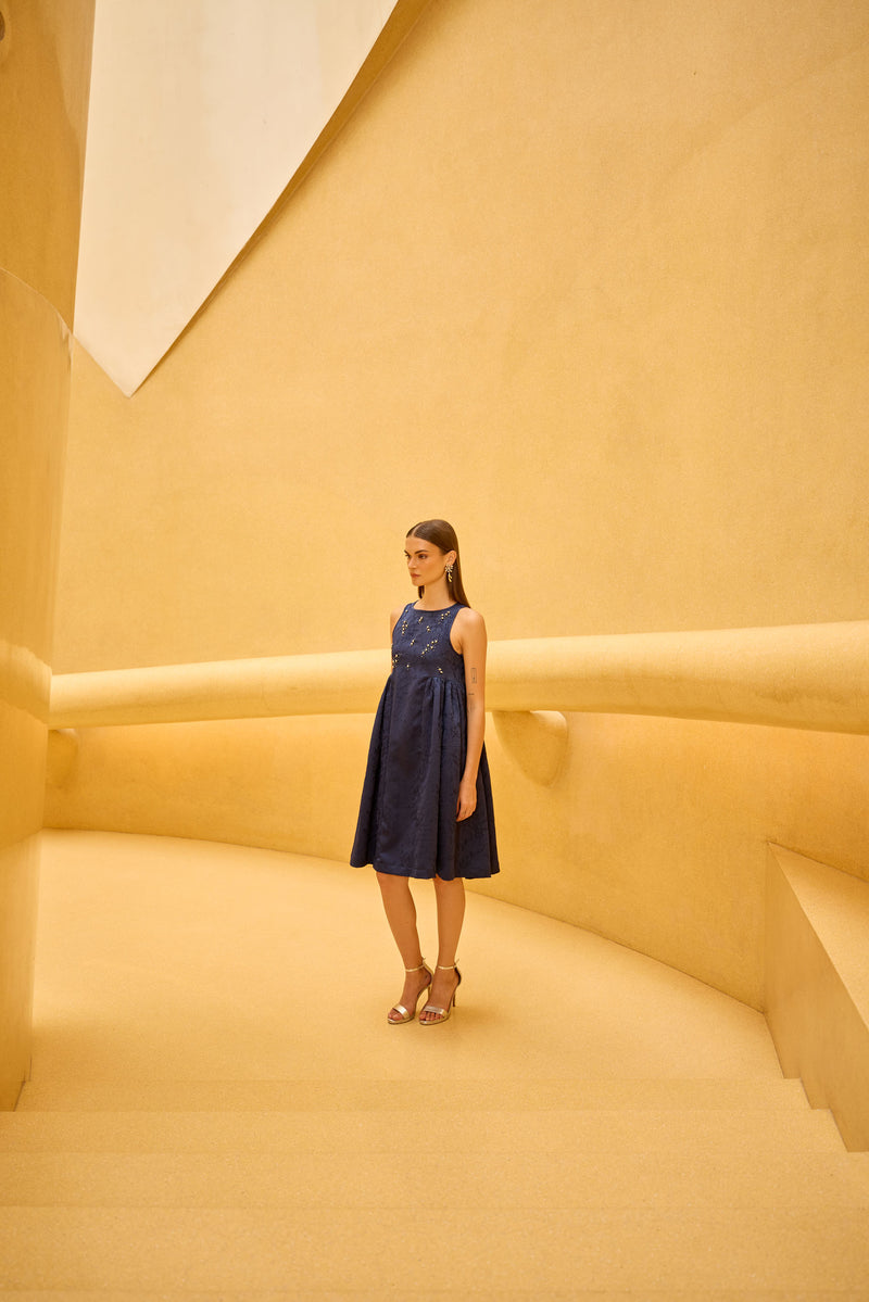 Navy blue Jacquard Midi Dress with Embellished Bodice