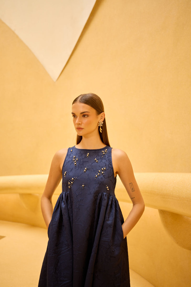 Navy blue Jacquard Midi Dress with Embellished Bodice