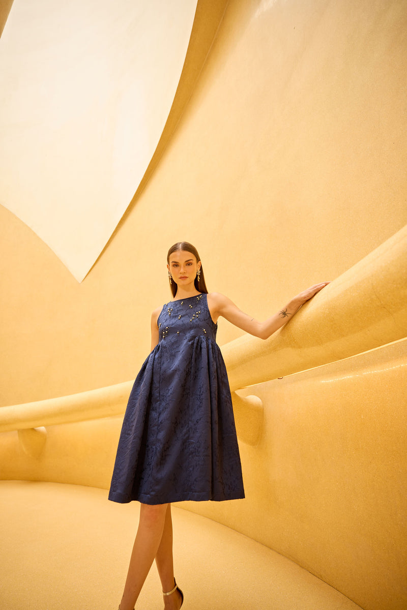 Navy blue Jacquard Midi Dress with Embellished Bodice