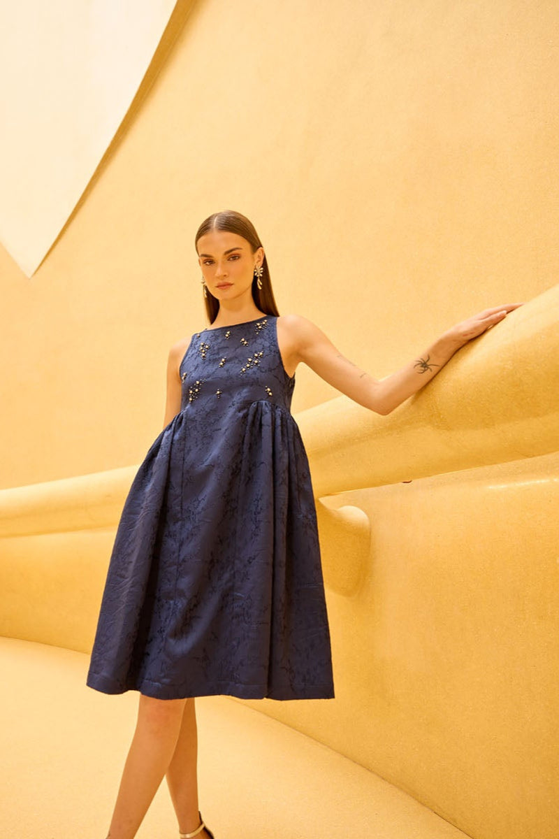 Navy blue Jacquard Midi Dress with Embellished Bodice