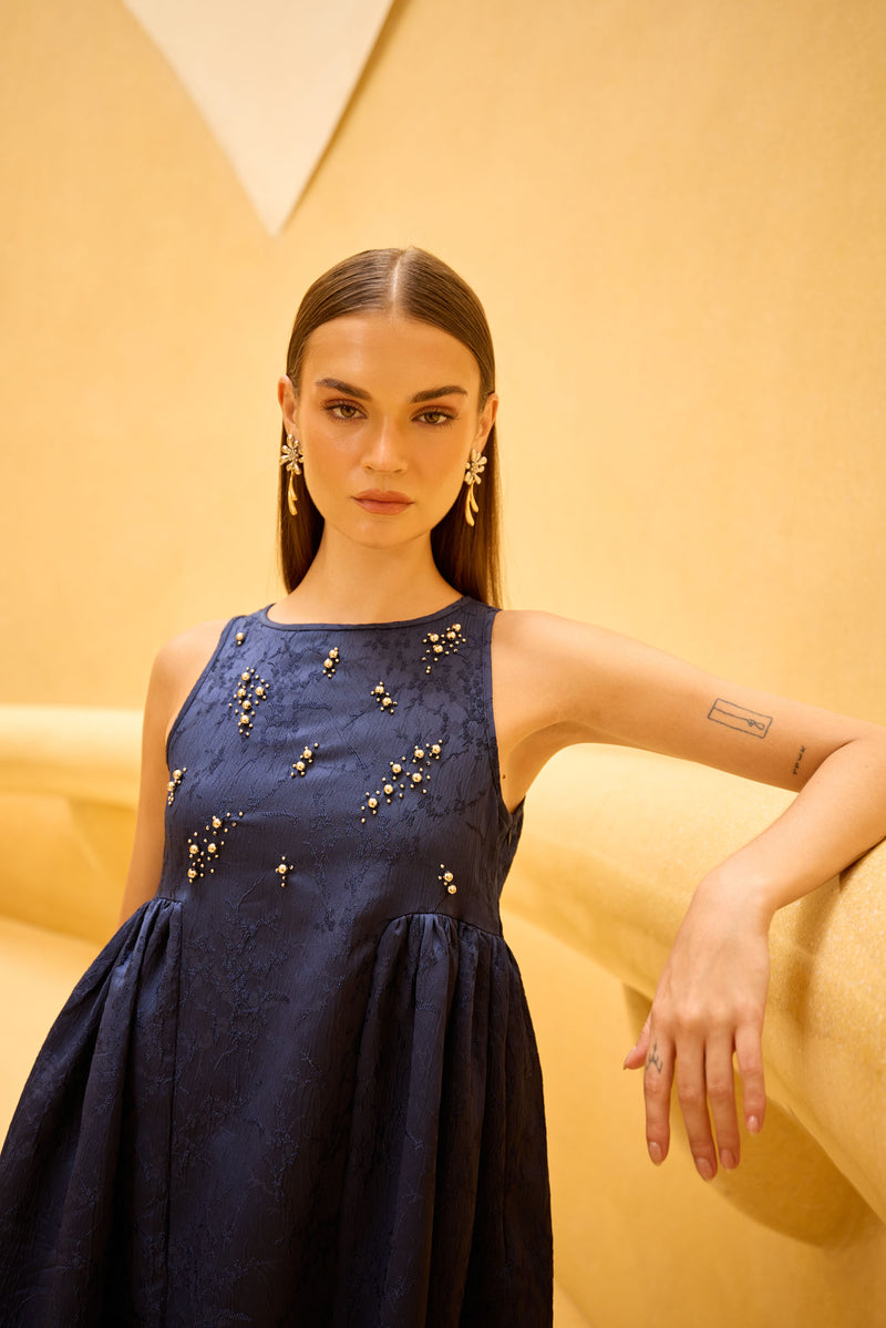 Navy blue Jacquard Midi Dress with Embellished Bodice