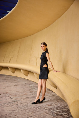 Black Jacquard Fringe Detail Top & Skirt Set