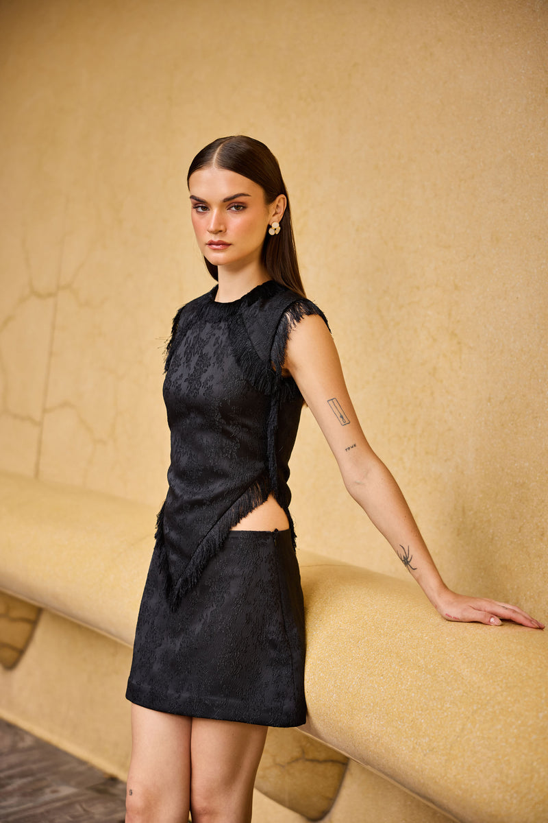 Black Jacquard Fringe Detail Top & Skirt Set