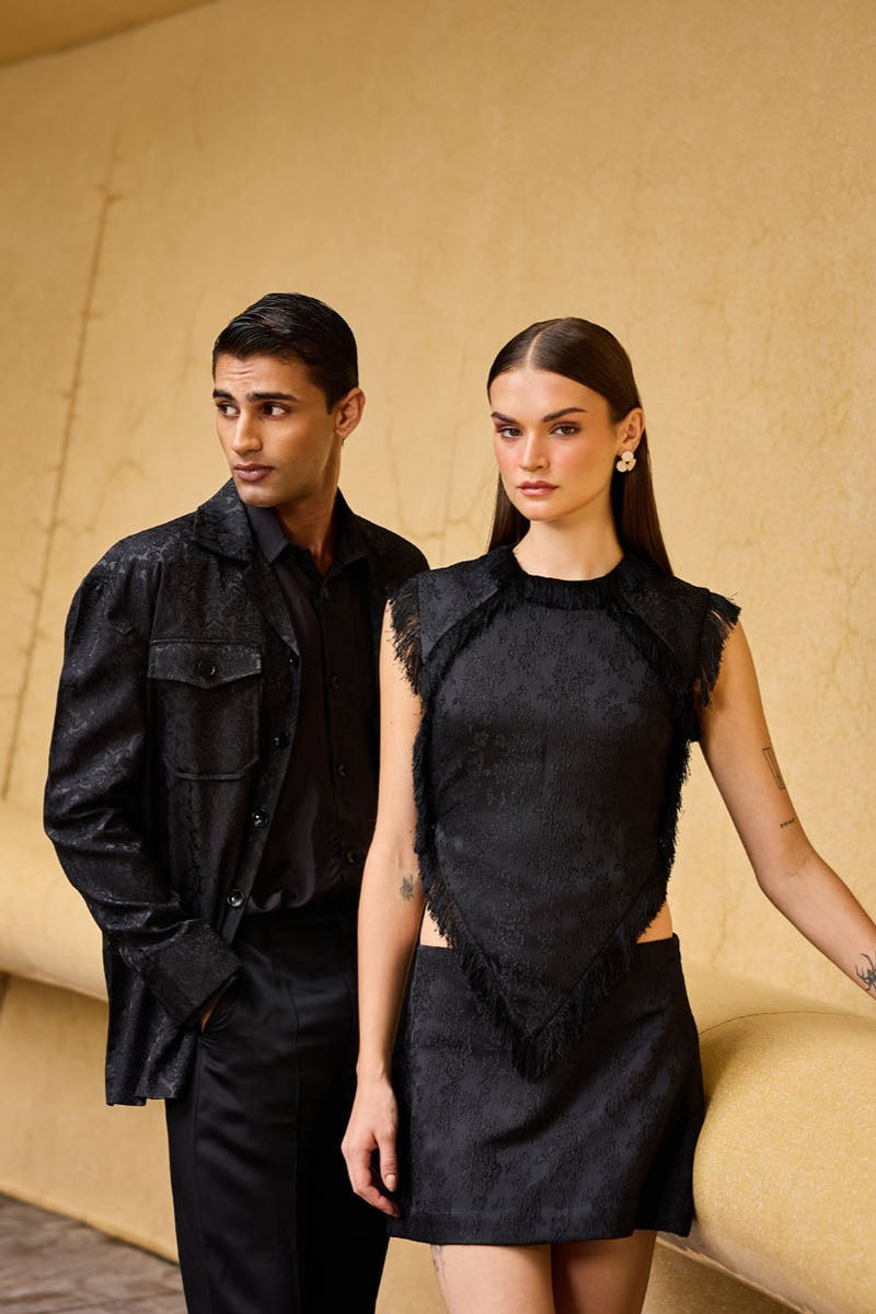 Black Jacquard Fringe Detail Top & Skirt Set