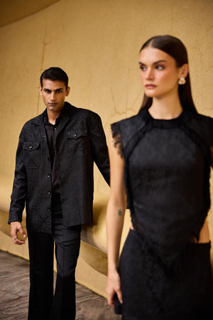 Men's Black Jacquard Overshirt & Taffeta Shirt
