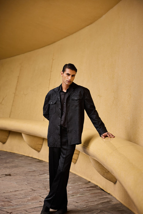 Men's Black Jacquard Overshirt & Taffeta Shirt