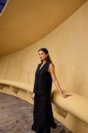 Black Jacquard Sleeveless Vest & Ruffled Hem Midi Skirt Set