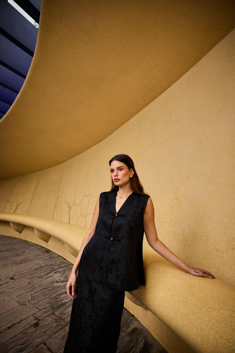Black Jacquard Sleeveless Vest & Ruffled Hem Midi Skirt Set