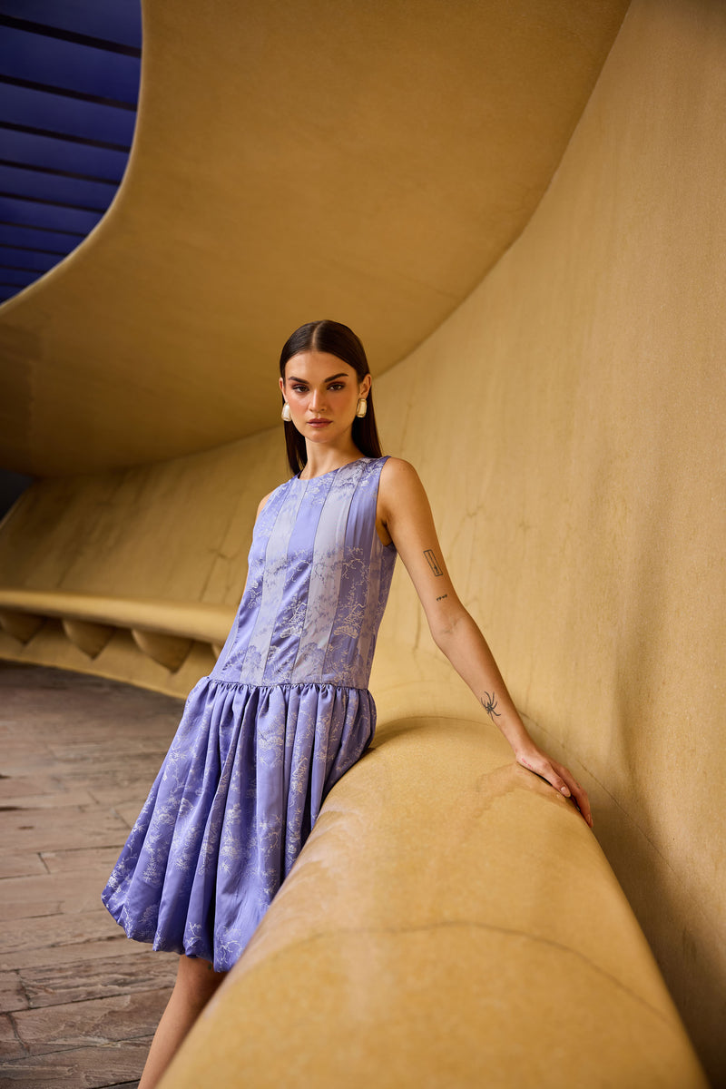 Lavender Jacquard Sleeveless Drop-Waist Dress