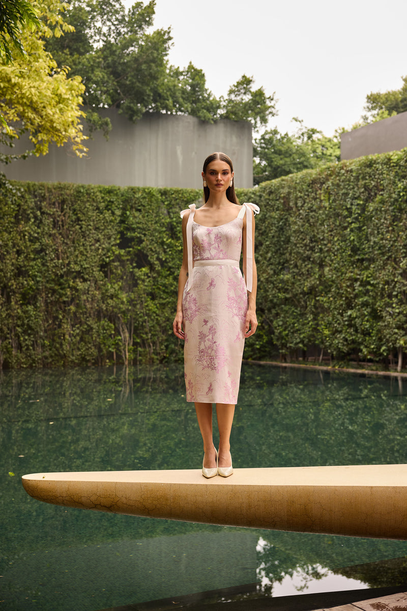 Blush Pink Jacquard Midi Dress with Bow Shoulder Straps