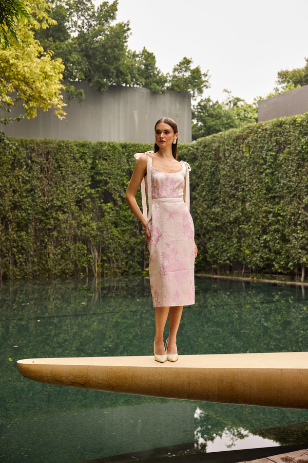 Blush Pink Jacquard Midi Dress with Bow Shoulder Straps