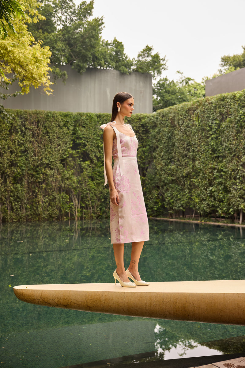 Blush Pink Jacquard Midi Dress with Bow Shoulder Straps