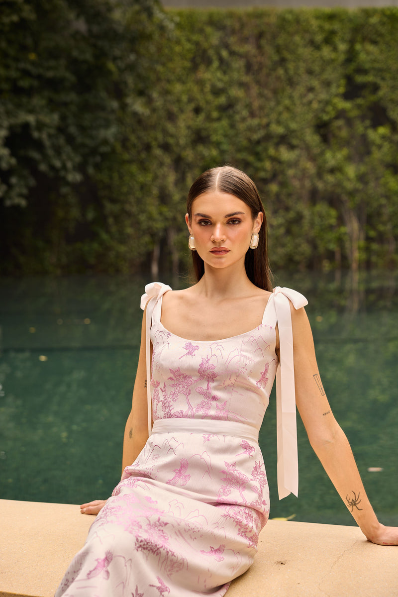 Blush Pink Jacquard Midi Dress with Bow Shoulder Straps