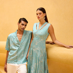 Pastel Blue Jacquard Asymmetrical Midi Dress