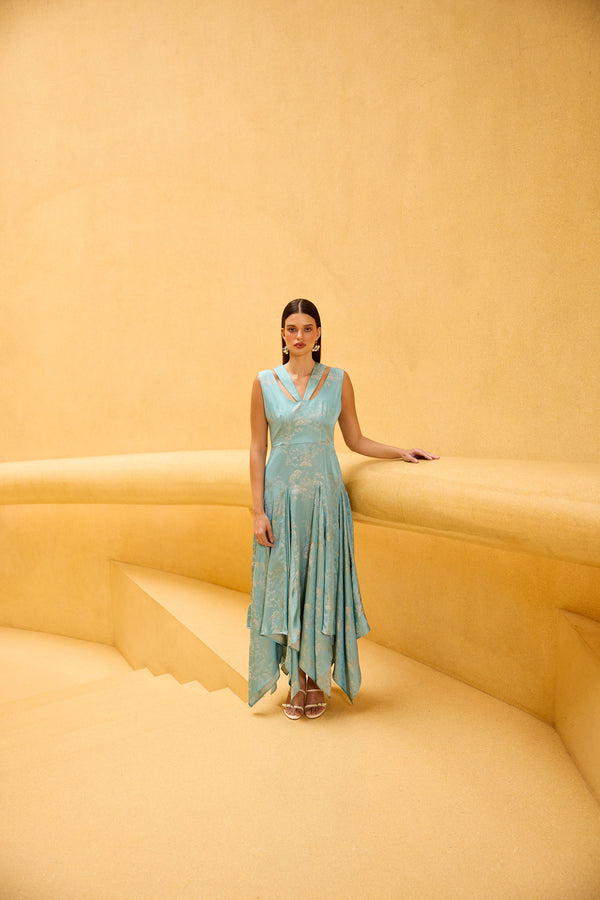 Pastel Blue Jacquard Asymmetrical Midi Dress