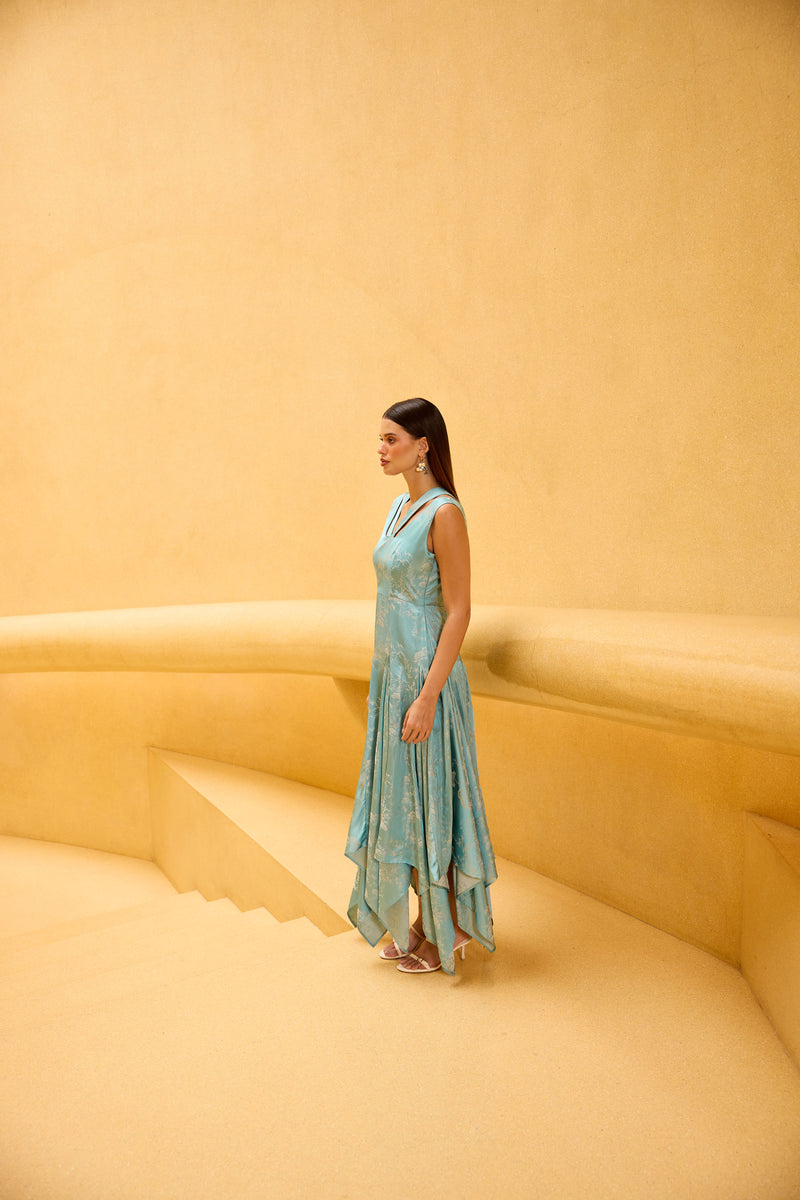 Pastel Blue Jacquard Asymmetrical Midi Dress