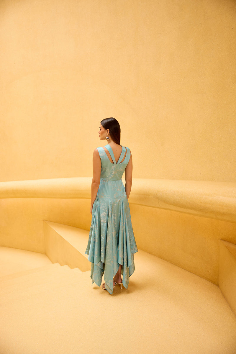 Pastel Blue Jacquard Asymmetrical Midi Dress