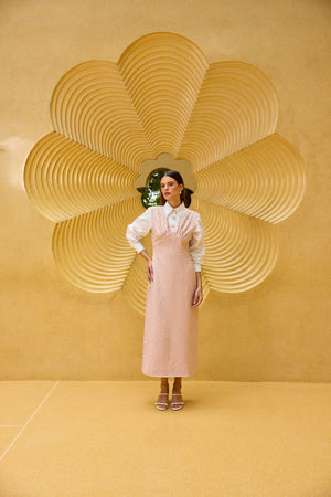 Blush Pink Jacquard V-Neck Maxi Dress with Attached White Shirt Bodice